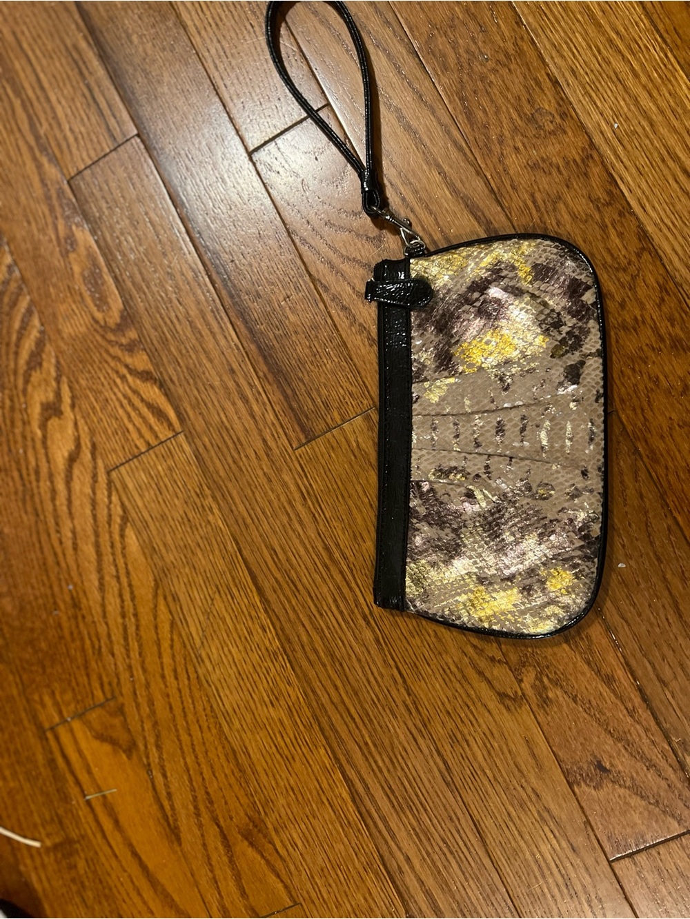 Wilsons Leather Beige Snake-Print Wristlet with Yellow Accents